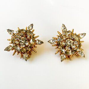 Vintage Hobe Gold-Tone  Star Sunburst Clip-On Earrings  Clear Rhinestones